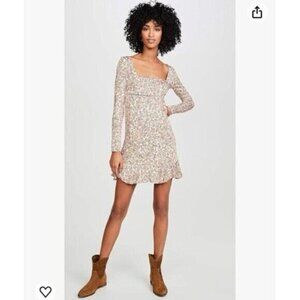 Free People Women's Boheme Milkmaid Dress Flounce Mini Floral Ivory Long Sleeve